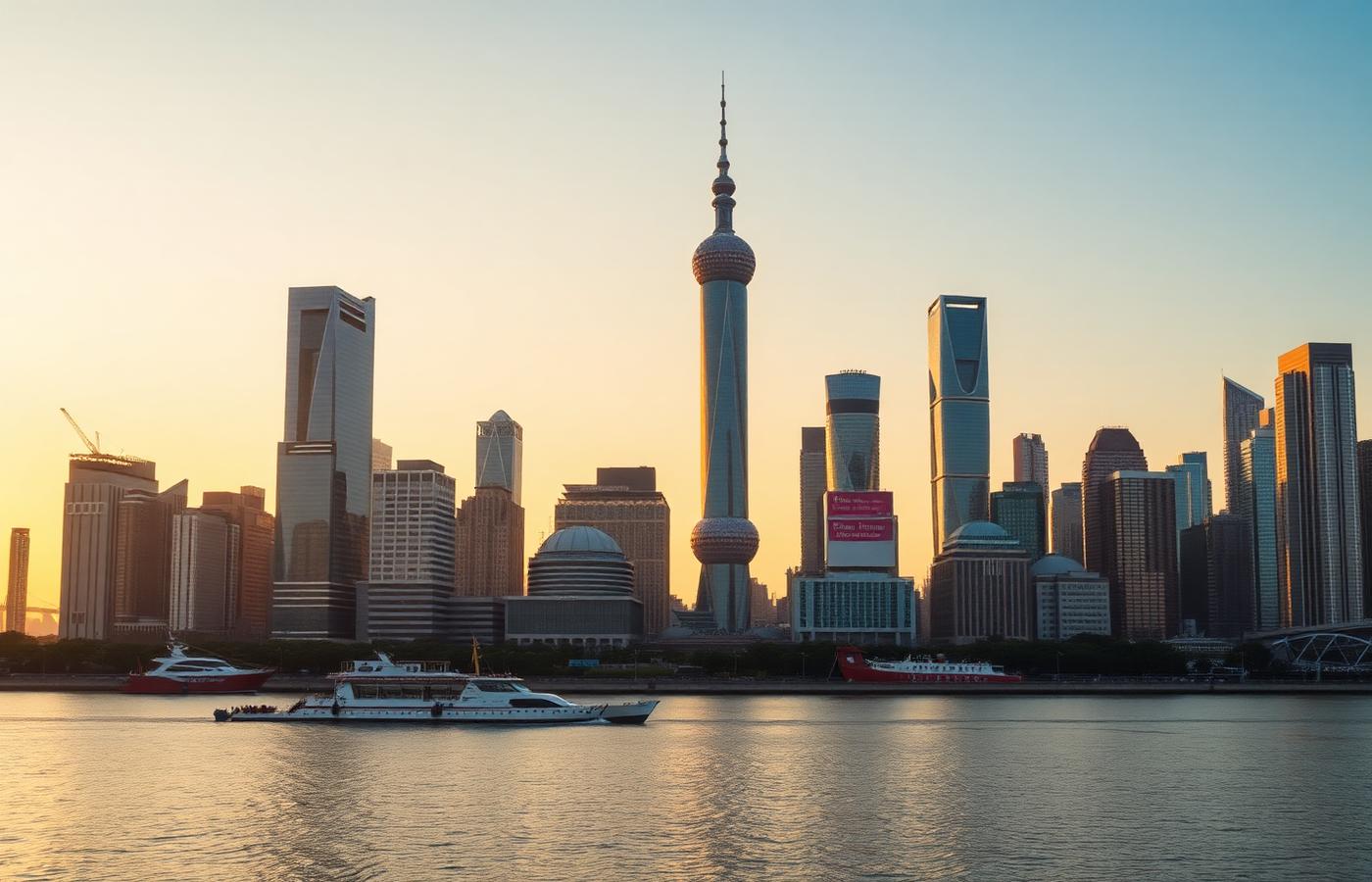 Skyline of a major Chinese city at golden hour